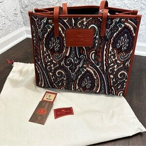 Etro Multicolor Paisley Tote with Leather Trim
